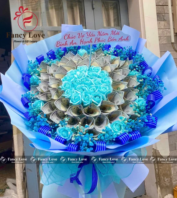 Bó hoa 50 tờ 100 đô la tone xanh