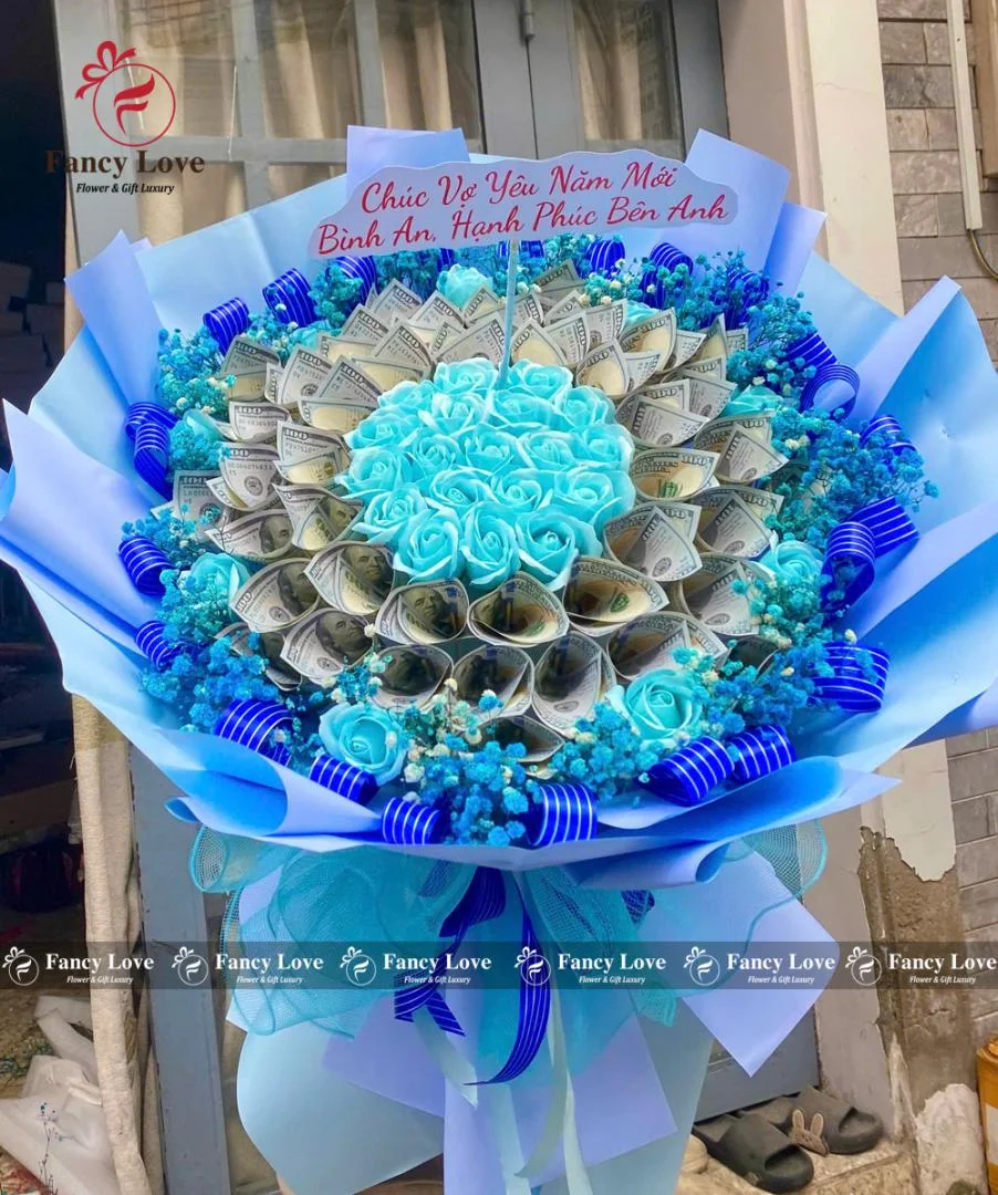 Bó hoa 50 tờ 100 đô la tone xanh