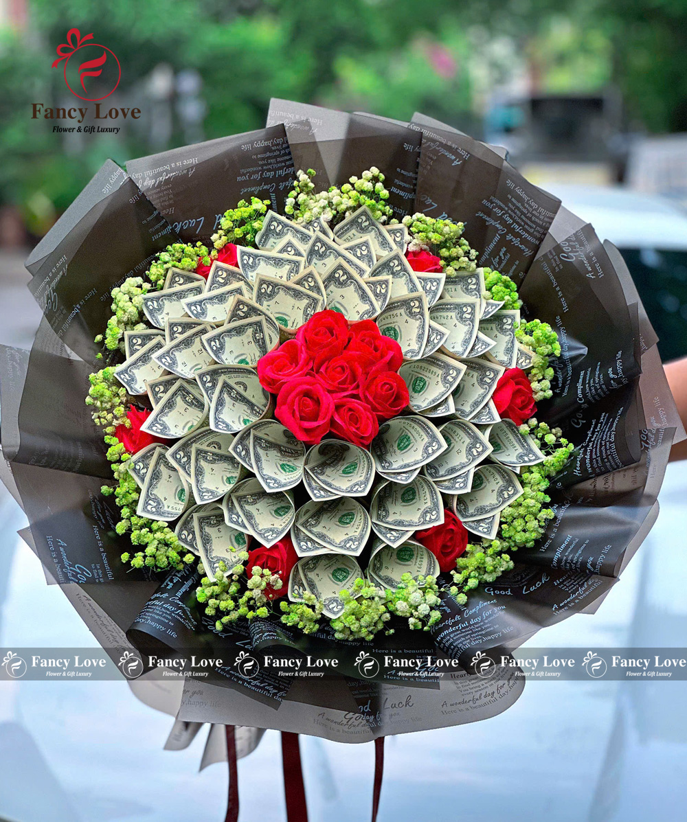 Bó hoa tiền 2$ đô la đen bóng mờ