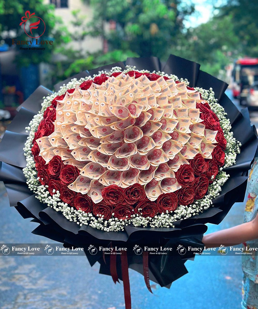 Bó hoa tiền 20 triệu mix hoa sáp nhũ đỏ