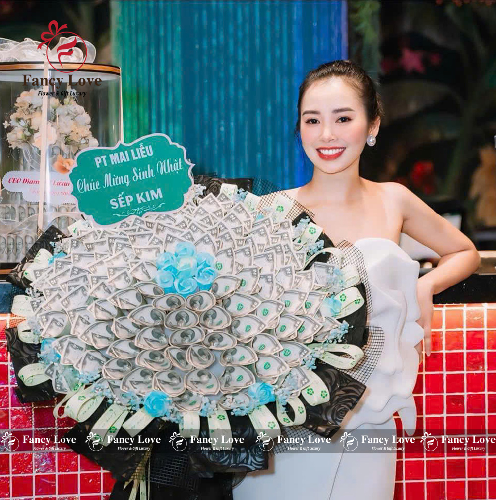 Bó hoa tiền 2S đô la tone xanh đen