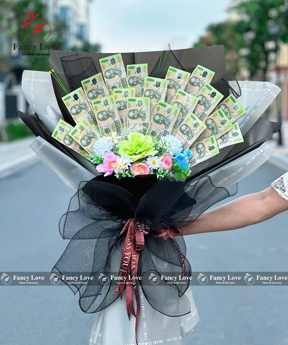 Bó hoa tiền 100k tone xanh đen