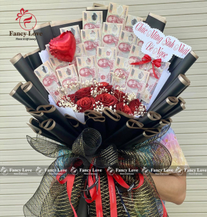 Bó hoa tiền 200k form đứng black gold