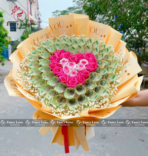 Bó hoa tiền 50 tờ 100k trái tim tone vàng hồng
