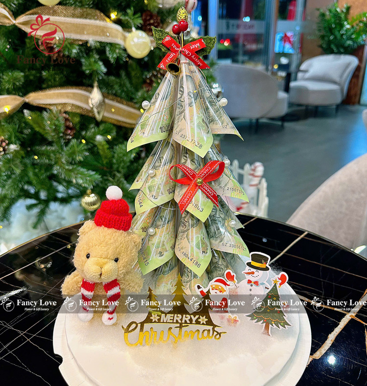 Cây thông Noel bằng tiền 100k 25 tờ quà tặng Noel sáng tạo