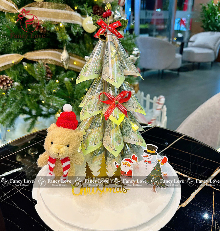 Cây thông Noel bằng tiền 100k 25 tờ quà tặng Noel sáng tạo
