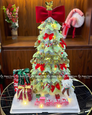 Cây thông Noel bằng tiền 100k 7 tầng nơ nhung